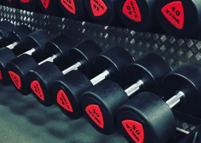 Zone de poids libres du club Fitaccess Saint-Marcel-lès-Valence avec haltères pour le renforcement musculaire.